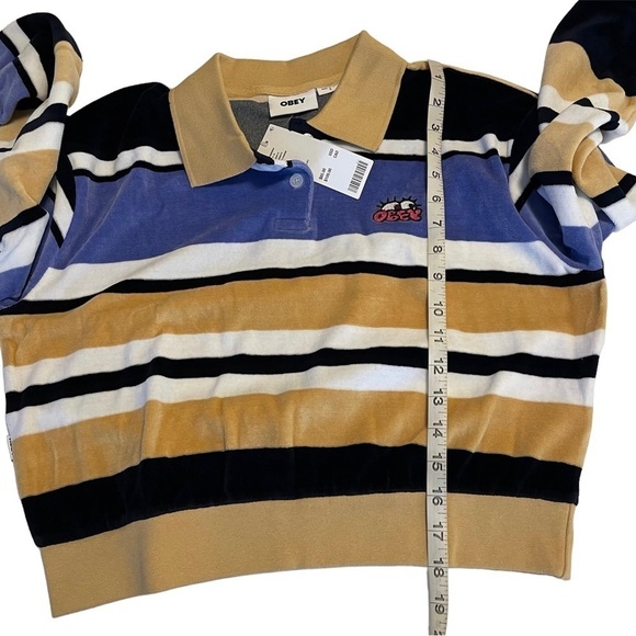 Obey Polo Shirt Velour Long Sleeves Striped Small Embroidered Cropped NWT - Picture 8 of 17